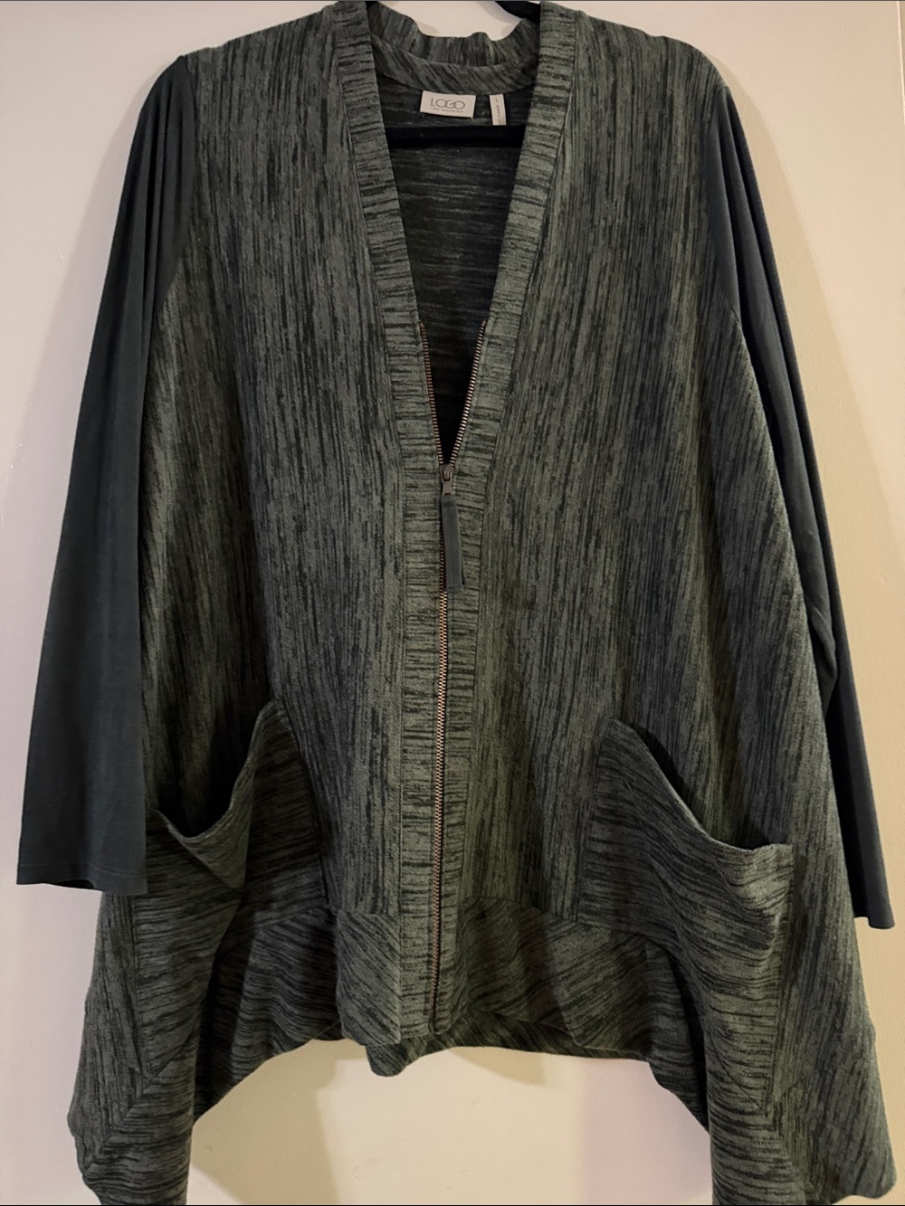LOGO by Lori Goldstein heathered green zip-front cardigan with dark sleeves